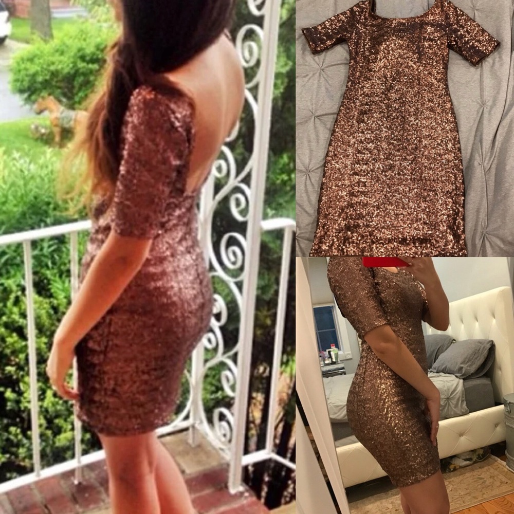 Bronze gold sequin open back dress